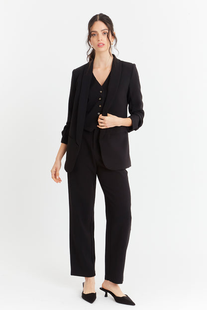 Blazer Manga 3/4 Ajustada Con Pliegues Negro