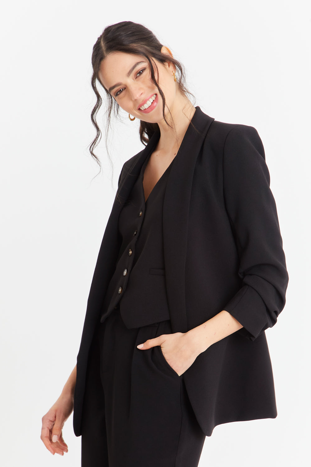 Blazer Manga 3/4 Ajustada Con Pliegues Negro