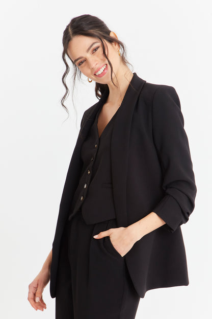 Blazer Manga 3/4 Ajustada Con Pliegues Negro