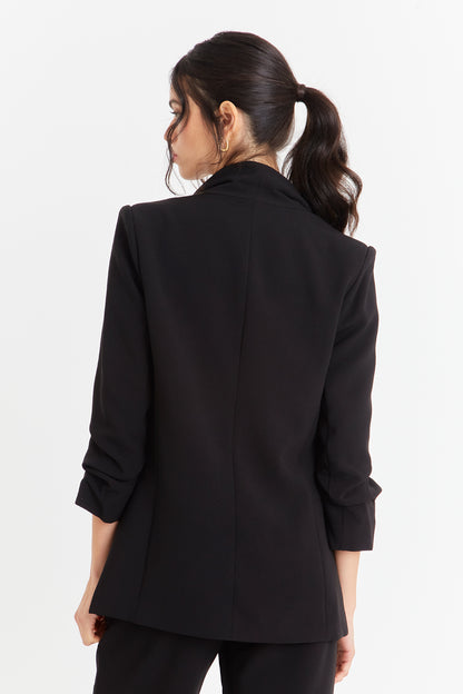 Blazer Manga 3/4 Ajustada Con Pliegues Negro