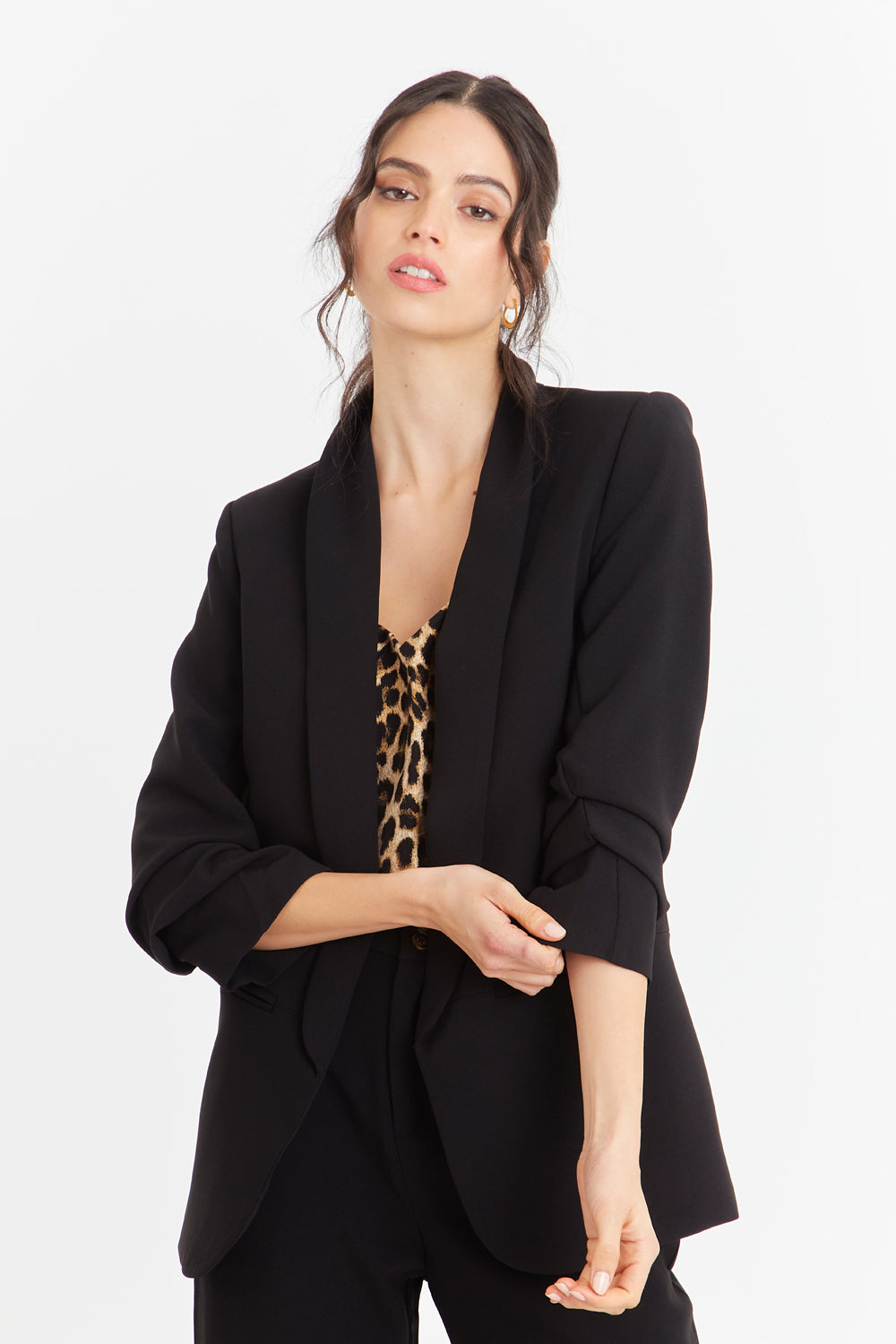 Blazer Manga 3/4 Ajustada Con Pliegues Negro