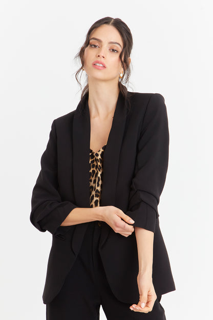 Blazer Manga 3/4 Ajustada Con Pliegues Negro