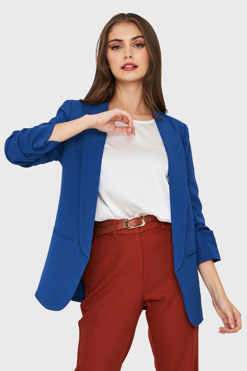 Blazer Manga 3/4 Con Pliegues Azul Rey