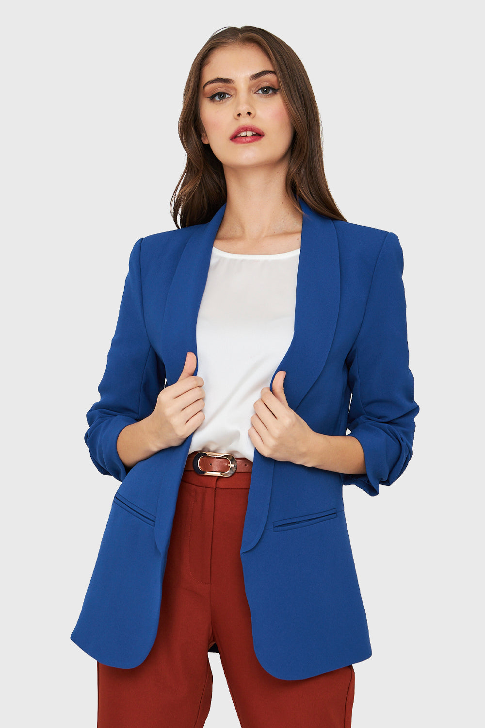 Blazer Manga 3/4 Con Pliegues Azul Rey