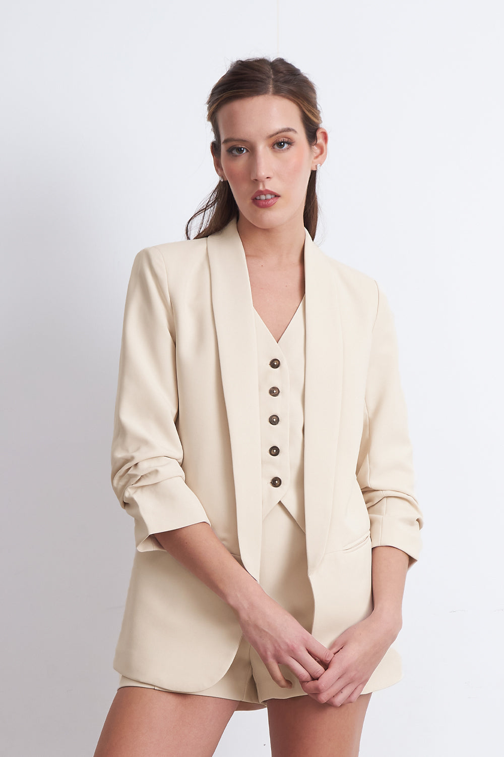 Blazer Manga 3/4 Ajustado con Solapas Beige
