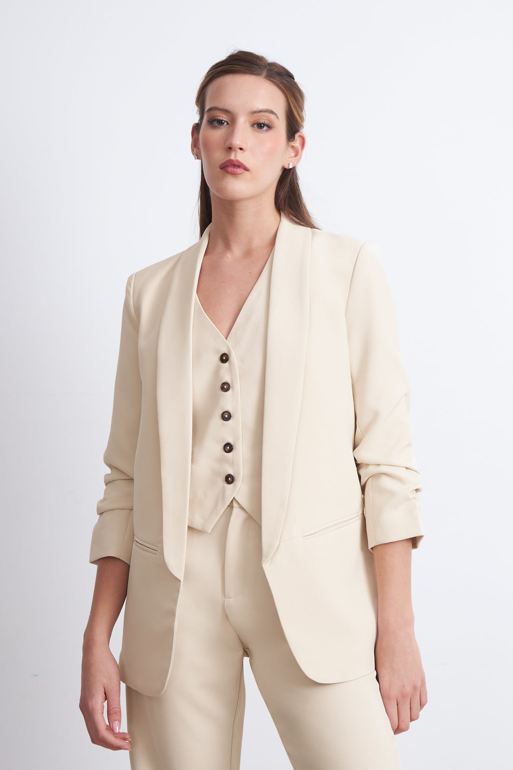 Blazer Manga 3/4 Ajustado con Solapas Beige