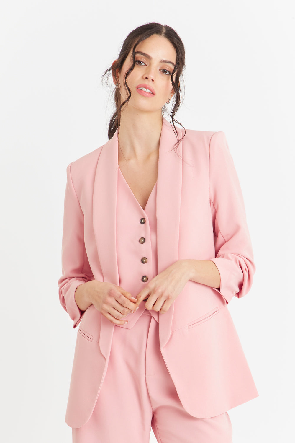 Blazer Manga 3/4 Ajustada Con Pliegues Rosado