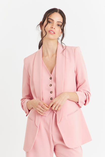 Blazer Manga 3/4 Ajustada Con Pliegues Rosado