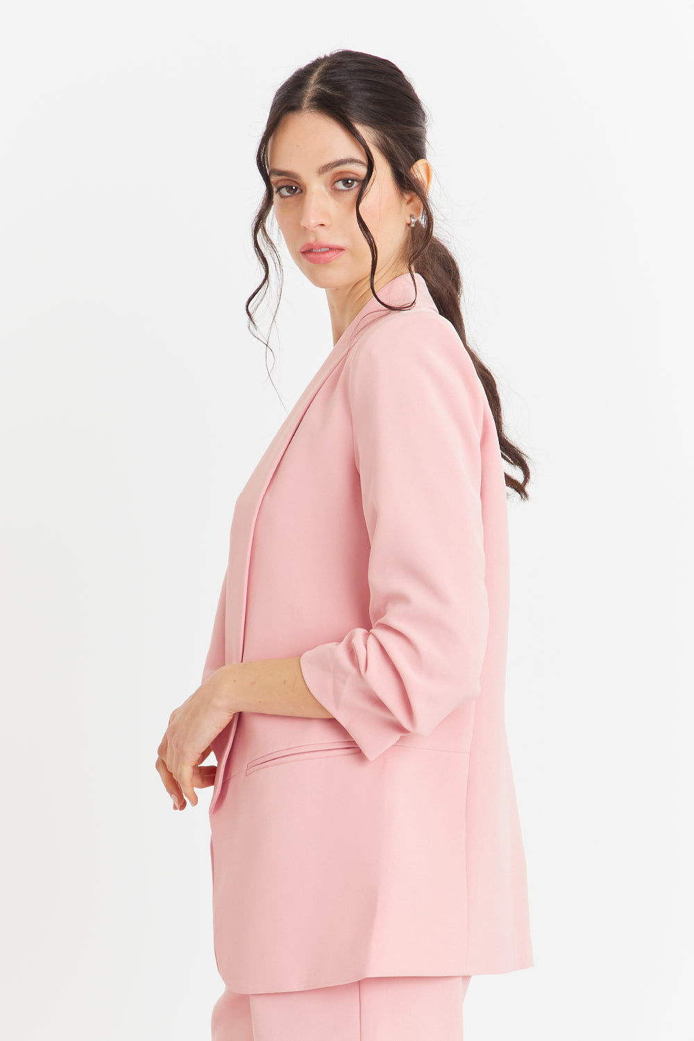 Blazer Manga 3/4 Ajustada Con Pliegues Rosado