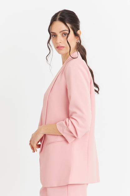 Blazer Manga 3/4 Ajustada Con Pliegues Rosado