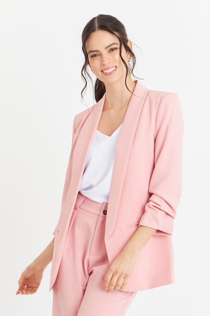 Blazer Manga 3/4 Ajustada Con Pliegues Rosado