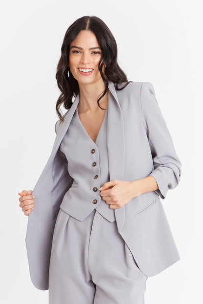 Blazer Manga 3/4 Ajustada Con Pliegues Gris