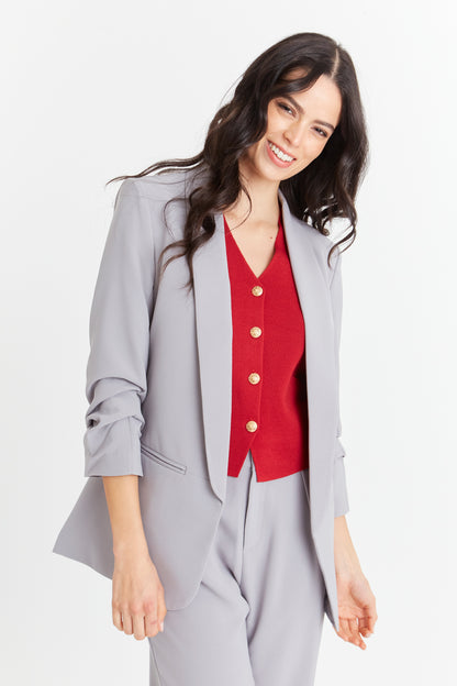 Blazer Manga 3/4 Ajustada Con Pliegues Gris