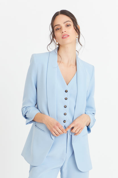 Blazer Manga 3/4 Ajustada Con Pliegues Celeste