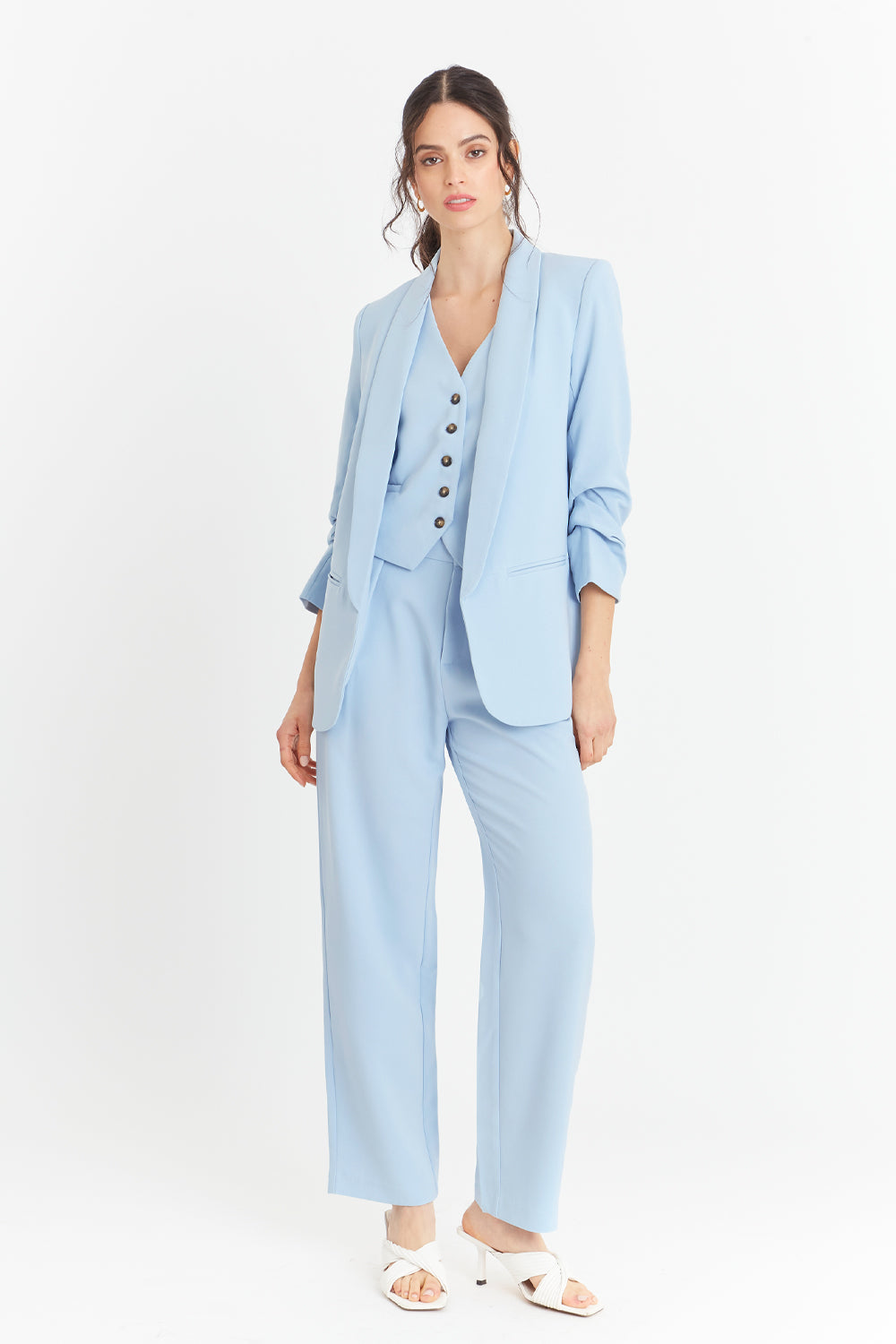 Blazer Manga 3/4 Ajustada Con Pliegues Celeste