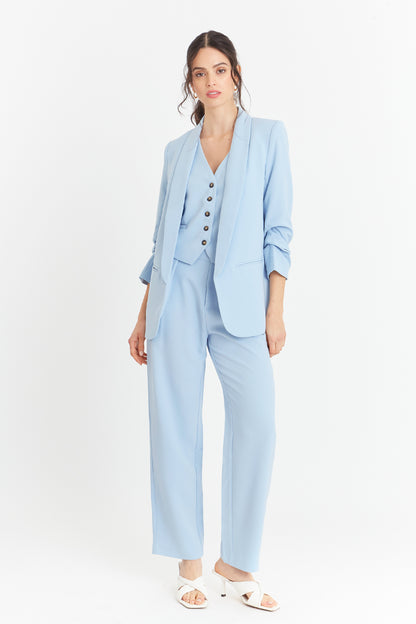 Blazer Manga 3/4 Ajustada Con Pliegues Celeste