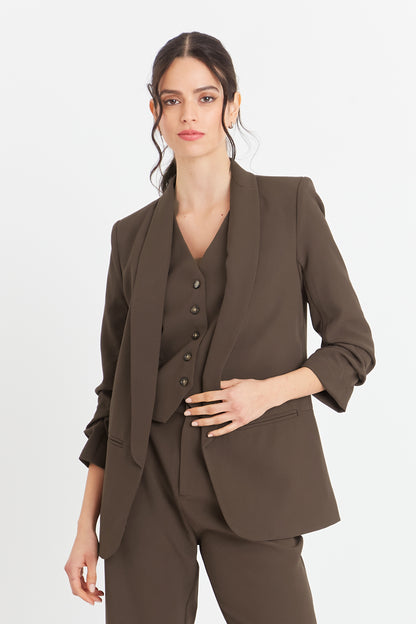 Blazer Manga 3/4 Ajustada Con Pliegues Marrón