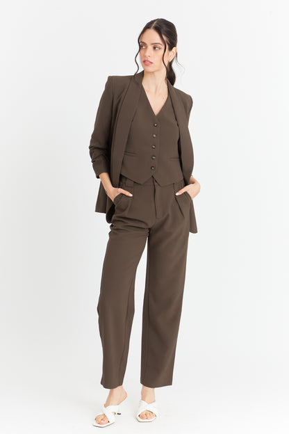 Blazer Manga 3/4 Ajustada Con Pliegues Marrón