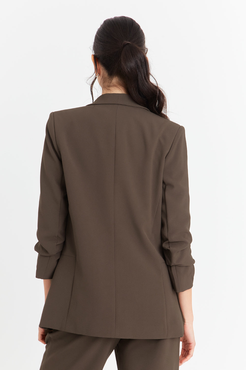 Blazer Manga 3/4 Ajustada Con Pliegues Marrón