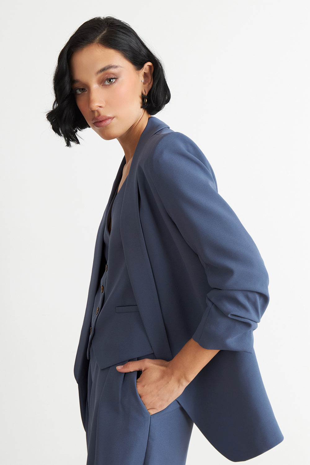 Blazer Manga 3/4 Ajustado con Solapas Azul