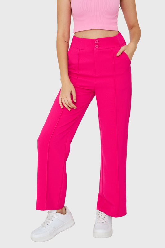 Pantalón Recto Costuras Frontales Fucsia