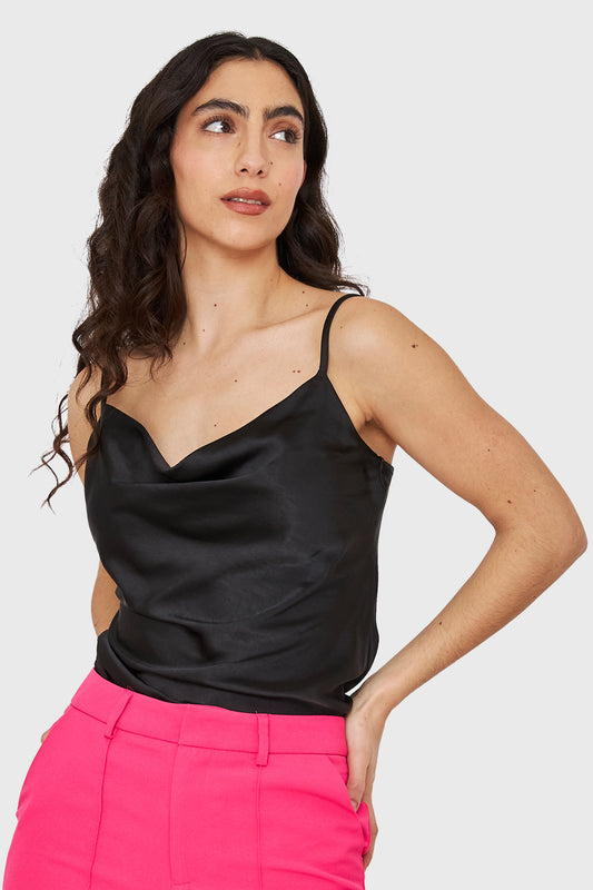Top Tipo Satín Escote Drapeado Negro