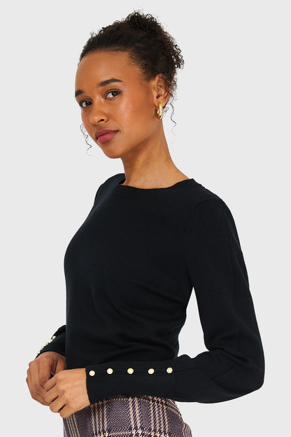 Sweater Mangas Detalles Perlas Negro
