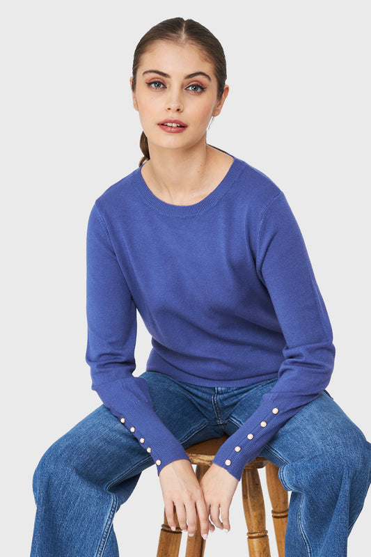 Sweater Punto Fino Detalles Perlas Azul Acero