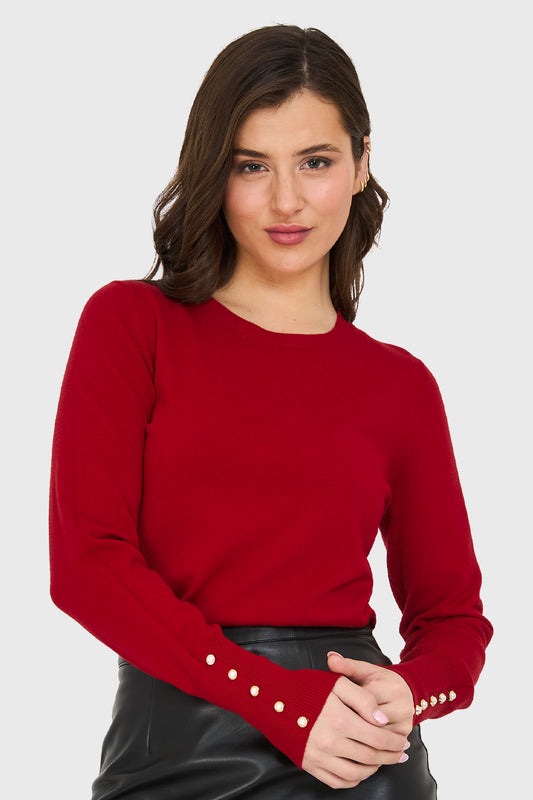 Sweater Delgado Detalles Perlas Rojo