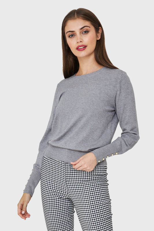 Sweater Punto Fino Detalles Perlas Gris