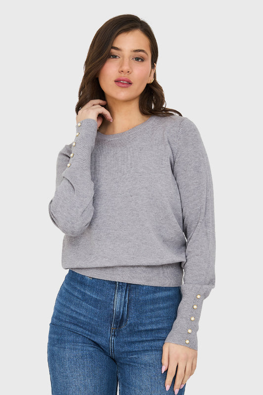 Sweater Delgado Detalles Perlas Gris