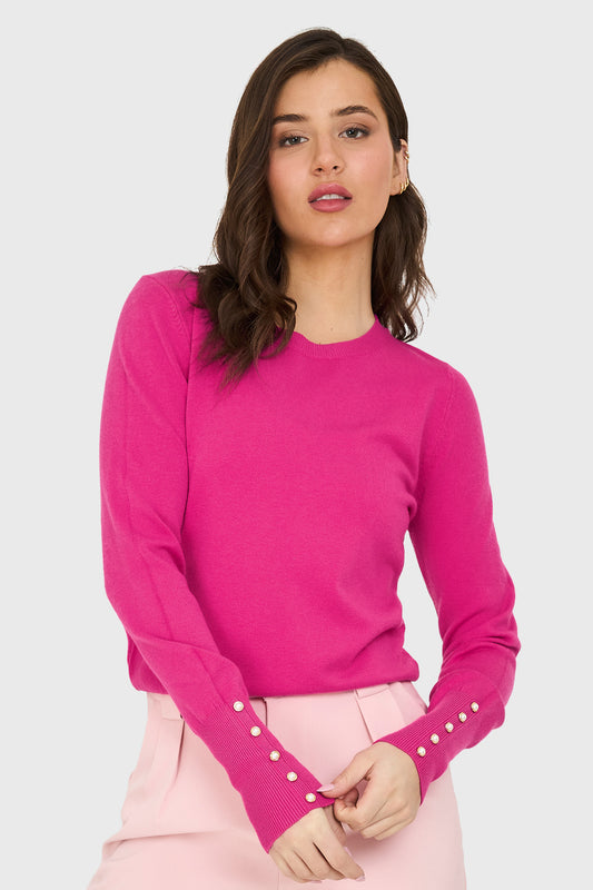 Sweater Delgado Detalles Perlas Fucsia