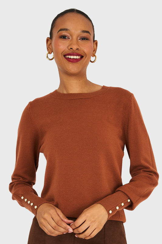 Sweater Mangas Detalles Perlas Camel