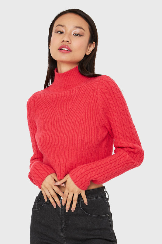 Sweater Crop Cuello Alto Coral