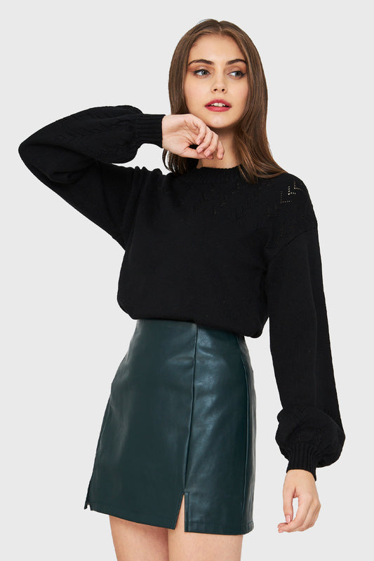 Sweater Tipo Hilo Manga Globo Negro