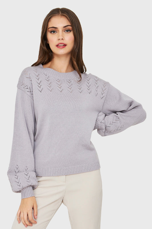 Sweater Tipo Hilo Manga Globo Gris