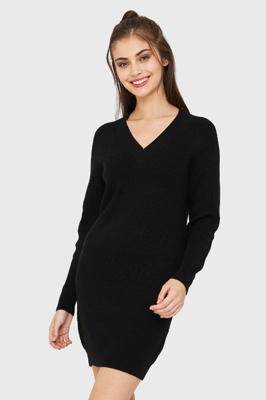 Sweater Vestido Cuello V Negro