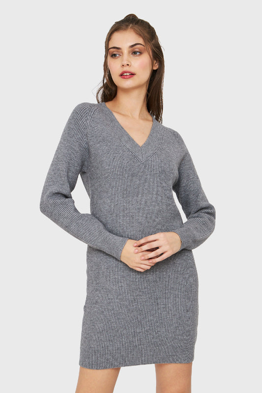 Sweater Vestido Cuello V Gris Oscuro