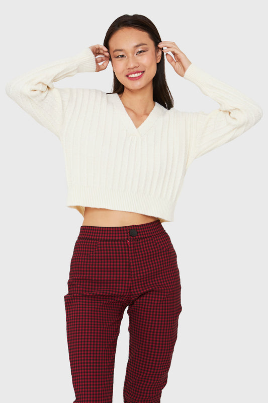 Sweater Crop Cuello V Blanco Invierno