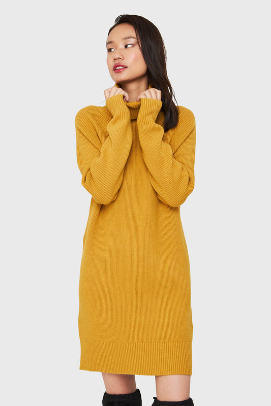 Sweater Vestido Acanalado Cuello Alto Mostaza