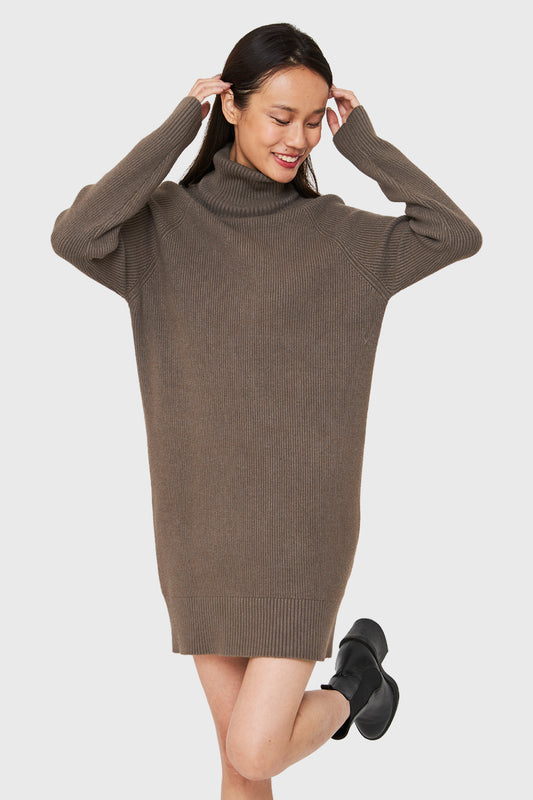 Sweater Vestido Acanalado Cuello Alto Taupe