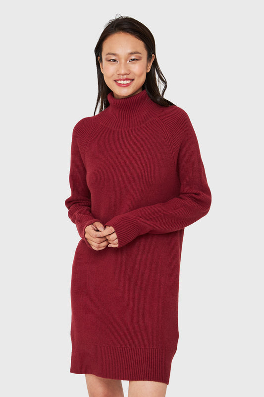 Sweater Vestido Acanalado Cuello Alto Rojo Ladrillo
