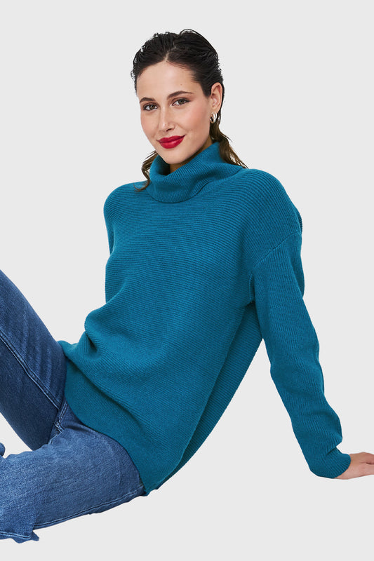 Sweater Cuello Beatle Acanalado Azul Petróleo