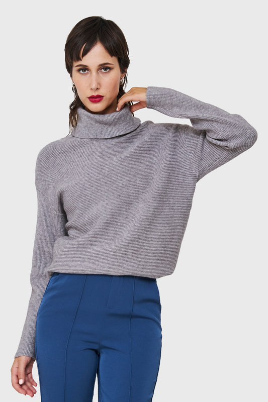 Sweater Cuello Beatle Acanalado Gris