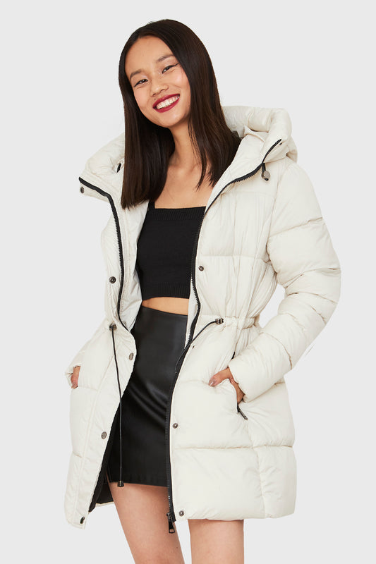 Parka Midi Acolchada Gorro Blanco Invierno