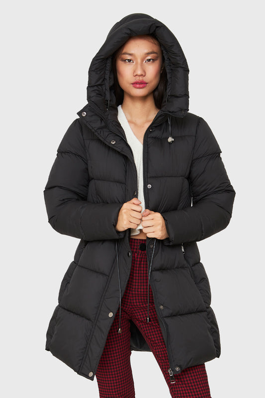 Parka Midi Acolchada Gorro Negro