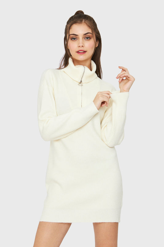 Sweater Vestido Cuello Con Cierre Blanco