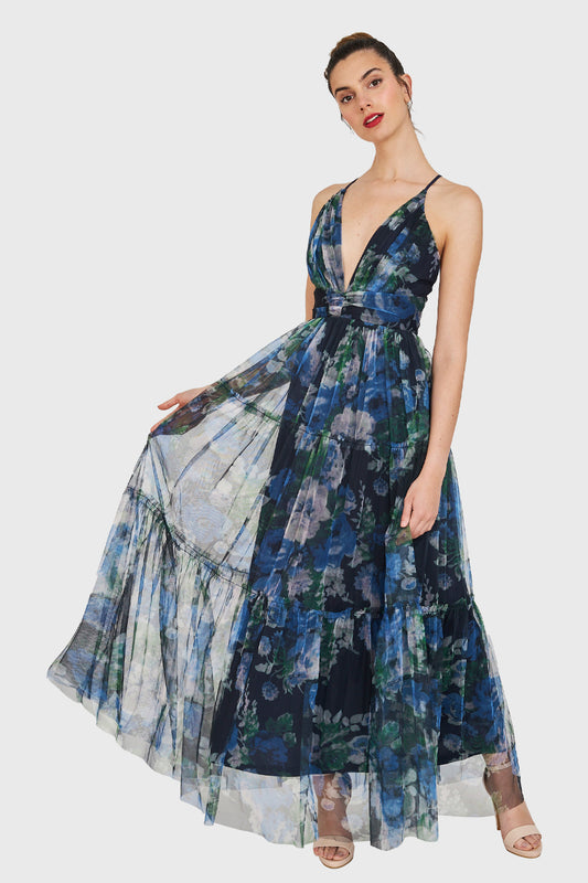Maxi Vestido Floral Corte Imperio Azul