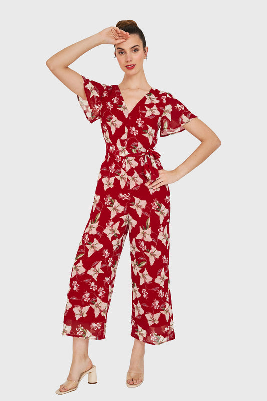 Enterito Flores Escote V Rojo