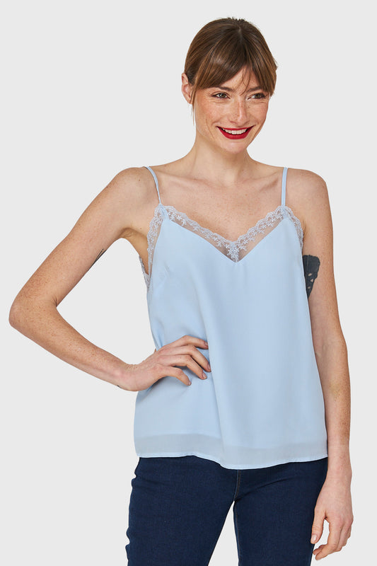 Blusa Escote V Encaje Celeste